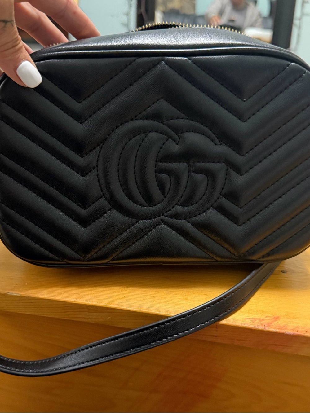 Fashion inspired Black Chevron Crossbody Bag with Gold Double-G - Picture 7 of 16
